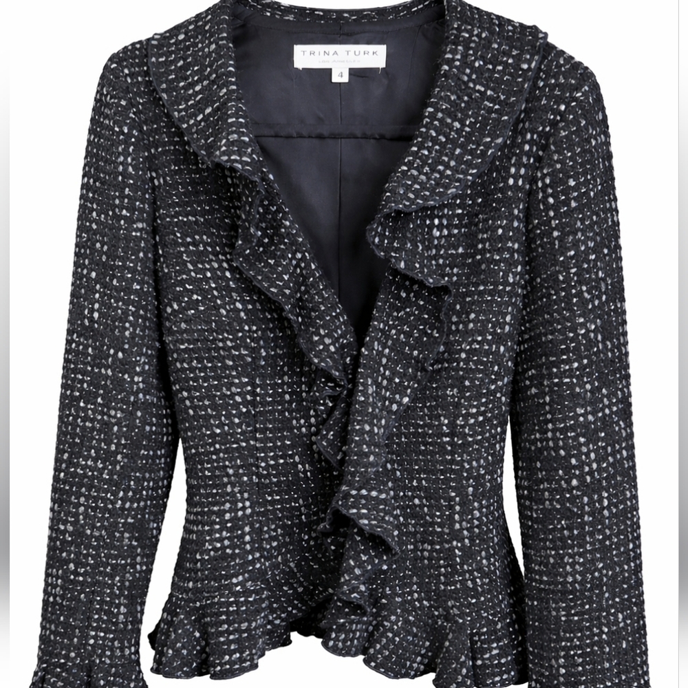 Trina Turk Black White Chic Classic Ruffled Tweed Blazer Jacket Sz 4